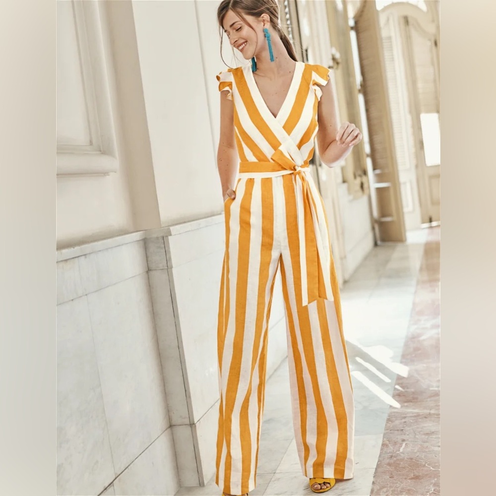 Boden Linen Yellow Stripe Mila Wide Leg Jumpsuit